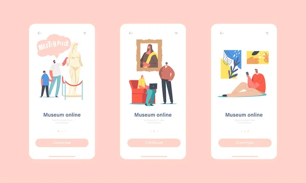 Online Exhibition Mobile App Page Onboard Screen Template. Charaktere besuchen Kunstgalerie, bewundern Meisterwerke — Stockvektor