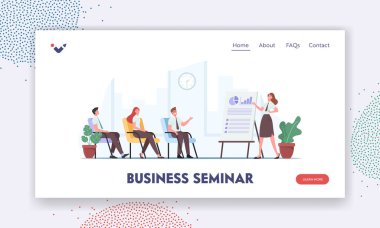 İş semineri İniş Sayfası Şablonu. Şirket Lideri ya da Koç Karakteri Grafikleri ve Grafikleri Gösteriyor