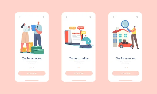 Steuerformular Online Mobile App Seite Onboard Screen Template. Kleine Schriftzeichen füllen riesige Applikation, Steuersystem — Stockvektor
