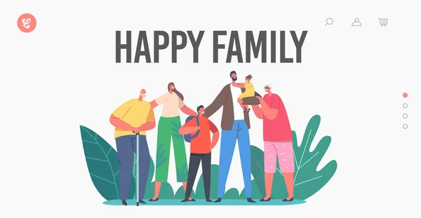 Happy Family Landing Page Template. Parents, Grandparents and Children Characters, Holding Hands, Embrace and Smiling — Stock Vector