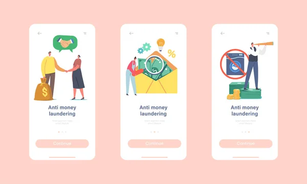 Campanha contra lavagem de dinheiro Mobile App Page Onboard Screen Template. Personagens minúsculos em Envelope enorme —  Vetores de Stock