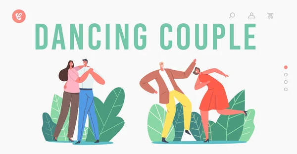 Šablona stránky Dancing Landing. Muži a ženy Charakteristiky Aktivní volný čas, životní styl, milenci nebo přátelé na diskotéce — Stockový vektor