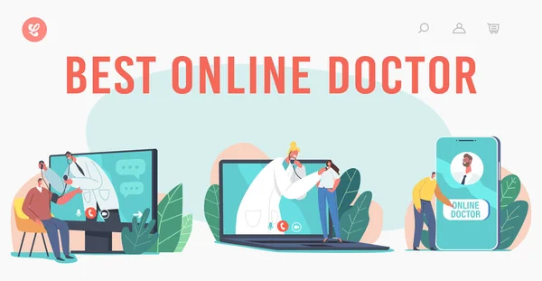 Best Online Doctor Landing πρότυπο σελίδας. Οι ασθενείς χαρακτήρες χρησιμοποιούν απομακρυσμένη ιατρική διαβούλευση μέσω Internet Τεράστια συσκευή — Διανυσματικό Αρχείο
