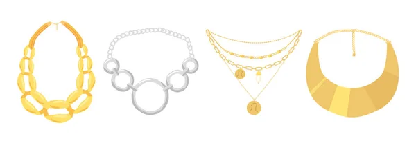 Набор ожерелий, бисером ювелирные изделия изолированы на белом фоне. Золотые и серебряные драгоценности, Бижу для женщин, Бижутерия Бохо — стоковый вектор