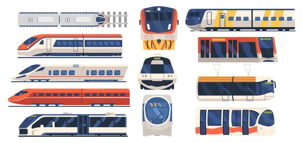 Ρύθμιση τρένου, τραμ και μετρό Front and Side View, City Railway Vehicle Contemporary Mode Design. Τρένο Urban Express — Διανυσματικό Αρχείο