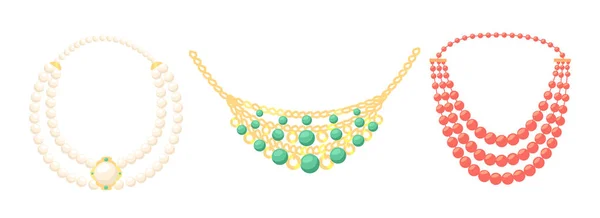 Halsband, pärlor Boho stil smycken av guld, päron, ädelstenar eller halvädelstenar. Bijoux för kvinnor, Bijouterie — Stock vektor