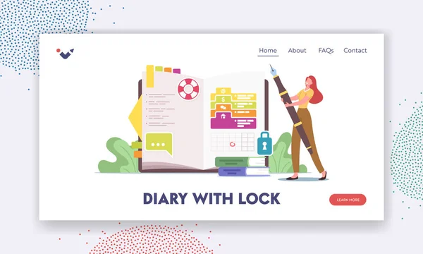 Klein vrouwelijk personage bij Enorme Dagboek met Lock Landing Page TemplateGirl planning Deals, Vulling To Do List, Zet Stickers — Stockvector