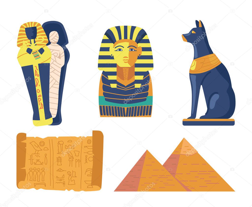 Set of Ancient Egypt Religious Symbols and Landmarks Mummy in Sarcophagus, Egyptian Pyramids, Pharaoh Mask, Cat, Papyrus