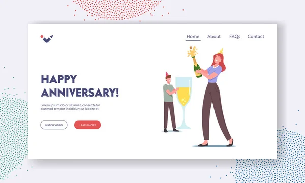 Feliz Aniversário Landing Page Template. Amoroso casal personagens em tampas engraçadas beber champanhe comemorar um ano —  Vetores de Stock