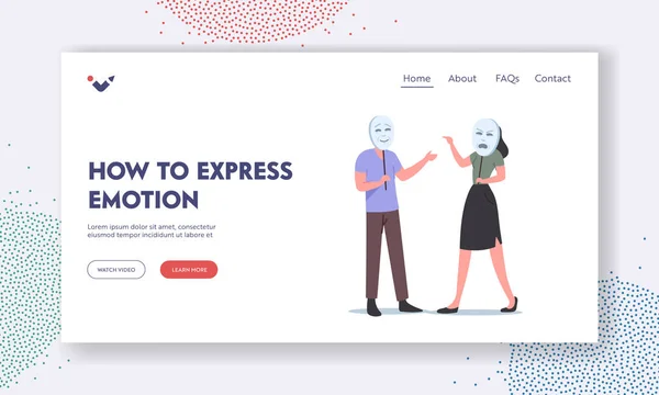 Come esprimere l'emozione Landing Page Template. Donna personaggio indossare maschera arrabbiato urlare su uomo che nasconde il suo viso — Vettoriale Stock