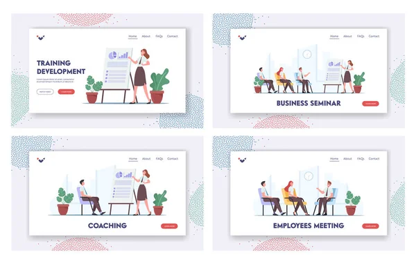 ビジネスセミナーランディングページテンプレートセット。会社のリーダー、グラフとグラフのコーチのキャラクターポイント — ストックベクタ