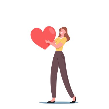 Gönüllü olmak, Yardım Destek Konsepti. Gönüllü Kadın Karakteri Büyük Kırmızı Kalp Ellerinde Gönüllü Günü Kutluyor