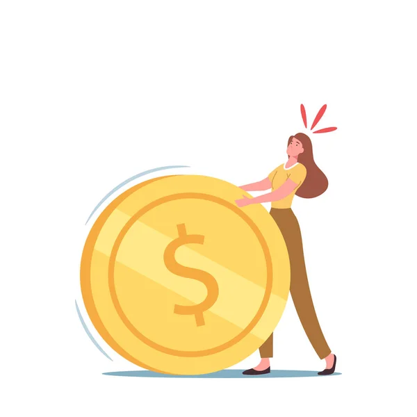 Business Woman Character Rolling Huge Heavy Golden Coin. Hypotéka, splátka daně, bankovní úvěr nebo koncepce dluhu — Stockový vektor