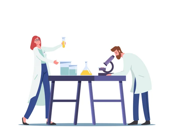 Hydrogen Fuel Producing in Chemical Laboratory. Scientifiques avec microscope et fioles Recherche scientifique, Biodiesel — Image vectorielle