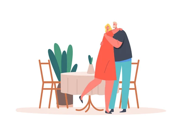 Dojrzałe para Mężczyzna i kobieta znaków przytulanie lub taniec w restauracji z serwowane tabeli. Romantyczne relacje miłosne — Wektor stockowy
