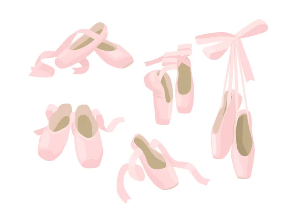 Zestaw Pointe Ballet Shoes, Różowe kapcie z wstążkami Izolowane na białym tle. Balerina Obuwie do tańca — Wektor stockowy