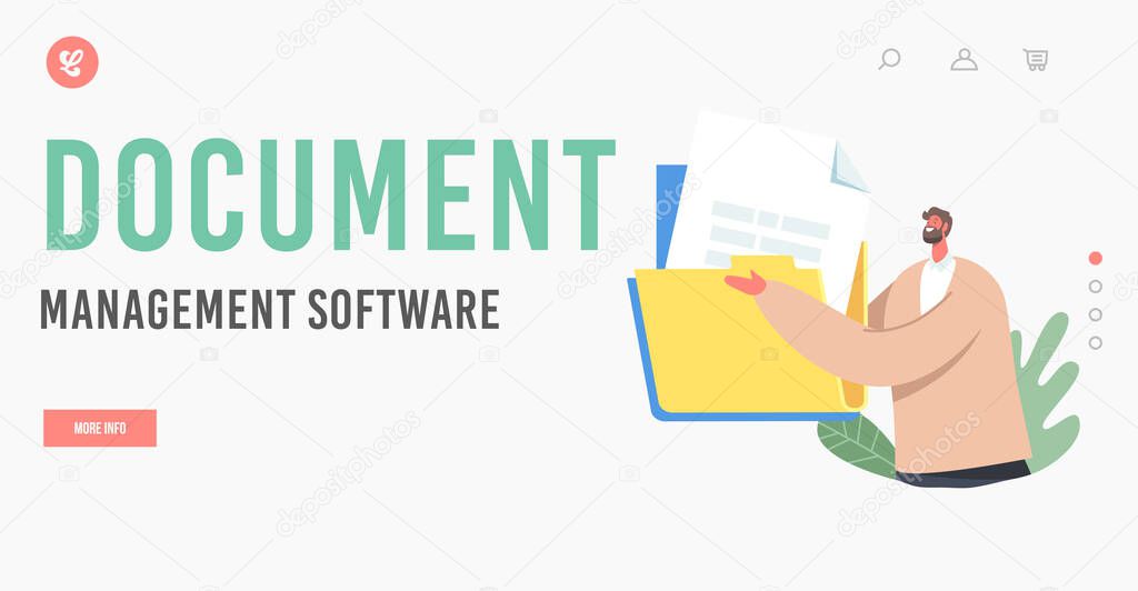 Document Management Software Landing Page Template. Files Organization, Business Character with and Paper Docs Folders