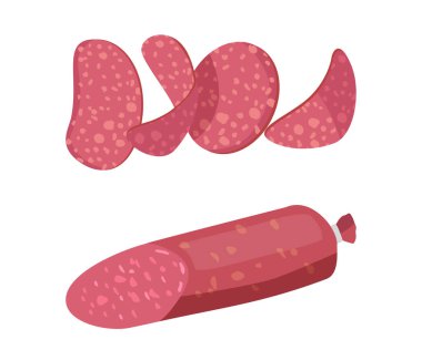 Salam veya Pepperoni Füme Sosis, Premium Et Ürünleri Yarısı ve Dilimlenmiş Kielbasa. Delicatessen Prodüksiyon, Yemek