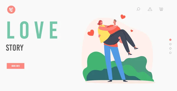 Love Story Landing Page Şablonu. Aşk Çifti Romantik İlişkileri. Ellerinde Kalpleriyle Kadın Tutan Adam Uçuyor — Stok Vektör