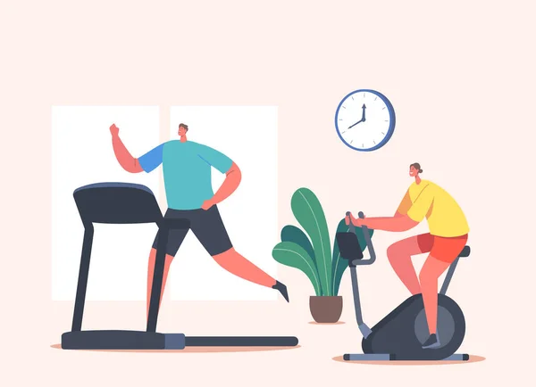 Personajes de Mujer y Hombre Entrenamiento en Gimnasio en Bicicleta Estática y Cinta de Correr. Entrenamiento Deportivo, Gente Saludable Haciendo Cardio — Vector de stock