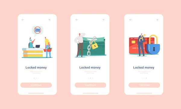 Locked Money Mobile App Page Modelo de tela a bordo. Personagens minúsculos no cartão bloqueado enorme e bloqueio na pilha de dinheiro — Vetor de Stock