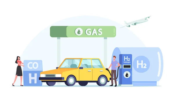 Brandstoftankdienst voor voertuigen, groene energie, biodiesel. Personages tanken auto op station Concept. H2-benzine — Stockvector