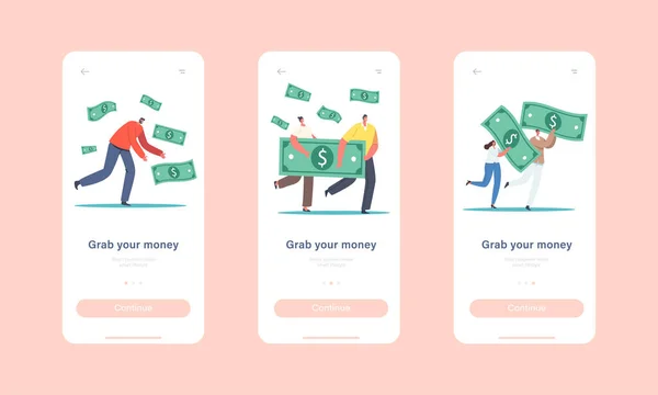 Pak uw Geld Mobiele App Page Onboard Screen Template. Kleine karakters met gigantische dollarrekeningen. Groei van het bedrijfsleven, rijkdom — Stockvector