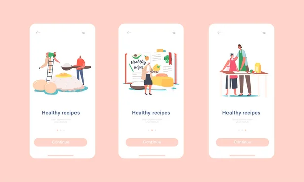 Receitas saudáveis Mobile App Page Onboard Screen Template. Personagens usam livro de culinária. Ingredientes de mistura para padaria —  Vetores de Stock