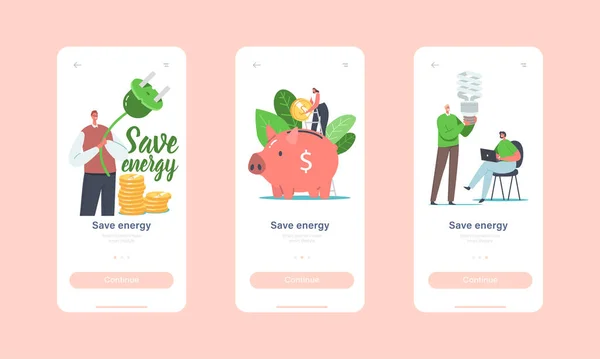 Enregistrer l'énergie Mobile App Page Modèle d'écran embarqué. Des personnages minuscules mettent la pièce dans une énorme tirelire, économisant l'énergie des gens — Image vectorielle