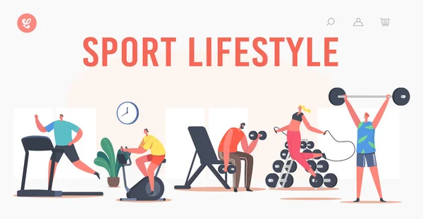 Sport Lifestyle Landing Page Template. Menschen, die im Fitnessstudio trainieren. Sportler und Sportlerinnen laufen auf Laufband — Stockvektor