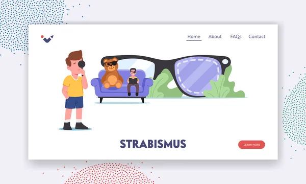 Ambliopía, Enfermedad del Estrabismo Plantilla de Landing Page. Personajes de niños pequeños con trastorno de la vista en gafas enormes — Archivo Imágenes Vectoriales