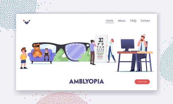 Faules Auge, Amblyopia Disease Landing Page Template. Winzige Charaktere zur Sehbehandlung beim Augenarzt — Stockvektor