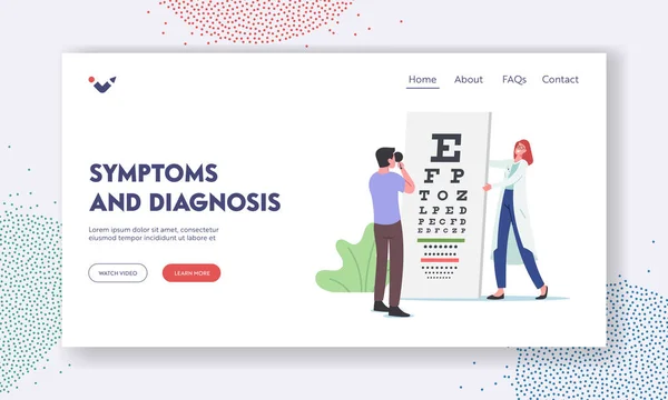 Sintomi e diagnosi Landing Page Template. oftalmologo medico check-up vista paziente per la correzione della visione — Vettoriale Stock