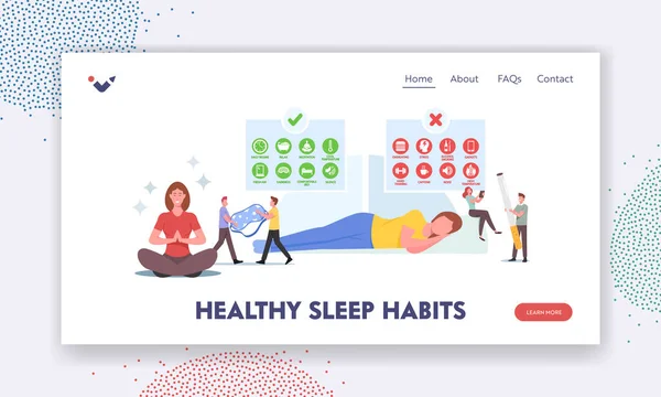 Hábitos de sono saudáveis Modelo de página de pouso. Personagens com dicas para dormir bem ou mal. Relaxado mulher no quarto —  Vetores de Stock