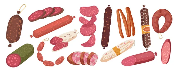 Salami, Pepperoni rookworst, rundvlees en ham boerderij of slagerij productie. Bacon, gekookte worst Delicatessen — Stockvector