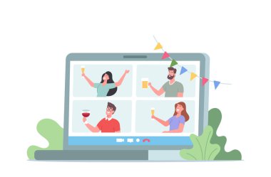 Sanal Doğum günü, Çevrimiçi Parti, Ev Şenliği Etkinliği. Friends Karakterleri Bilgisayar Monitörlerinden Alkolle Bardakları Çıngırdatır