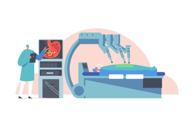 Doctor Characters Distantly Control Cyborg Arm for Patient Operation with Medical Robot. Surgical Intervention in Body clipart
