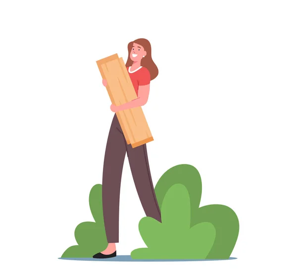 Glad kvinnlig karaktär som håller träplankor i händerna. Kvinnligt Bygga Trädgård, Träarbetare, Hantverkare Arbete i snickeri — Stock vektor