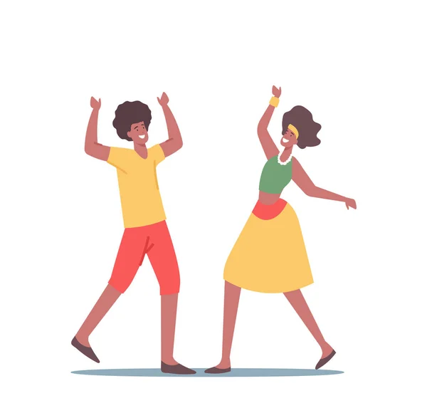 African Man and Woman in Traditional Jamaica Costumes Having Fun, Dancing during Reggae Party (en inglés). Rastaman o Hipster — Vector de stock