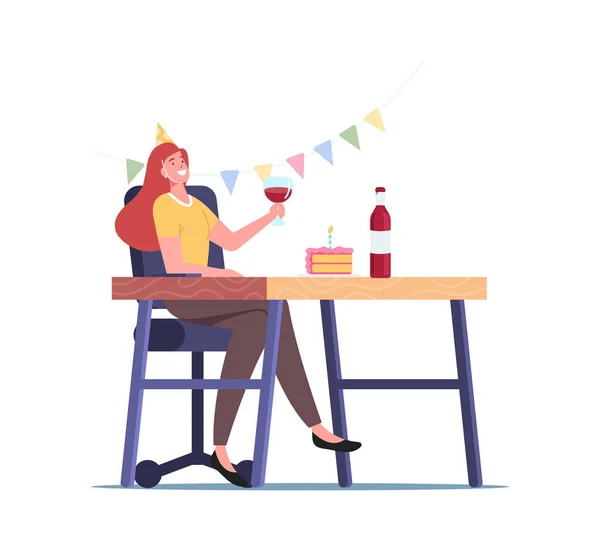 Fiesta en casa o en la oficina, carácter femenino joven con sombrero festivo sosteniendo copa de vino en la habitación decorada Celebra las vacaciones — Vector de stock