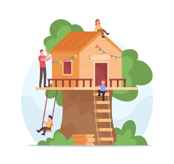 Père avec marteau Construire Treehouse pour les enfants heureux. La famille passe du temps ensemble. Personnages joyeux enfants jouant — Image vectorielle