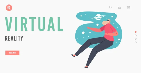 Virtual Space Entertainment ou Education Landing Page Template. Personagem feminina em óculos de realidade virtual viajando em galáxia profunda — Vetor de Stock