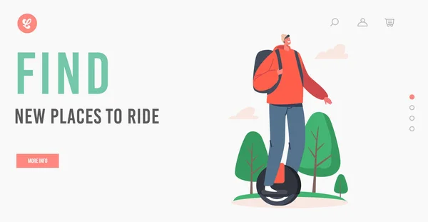 Teen Cyclist Riding Unicycle Landing Page Template (dalam bahasa Inggris). Outdoors in Summer Active and Healthy Lifestyle, Ecology Transport - Stok Vektor