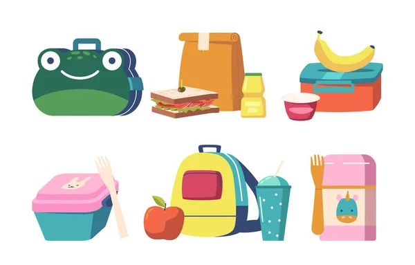 Set of School Lunch Boxes, Lunchbox Collection of Childish Design with Food, Fruits or Vegetables Boxed in Kid Container — 스톡 벡터