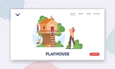 Playhouse İniş Şablonu. Mutlu Aile Binası Ağaç Evi. Anne, Baba ve Çocuklar Ağaçta Ev Yaratıyorlar