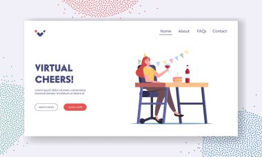 Sanal Tezahürat İniş Şablonu. Ev ya da Ofis Partisi, Odasında Şapka Tutan Şarap Bardağı Giyen Kadın Karakteri