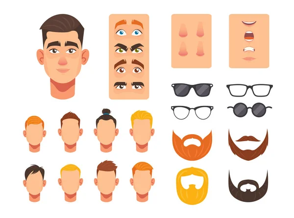 Man Face Constructor, Arcelemek az építőipar kaukázusi férfi karakter Avatár, fej frizura, orr és szem — Stock Vector