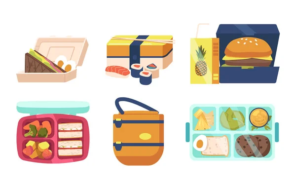 Conjunto de Cajas de Almuerzo y Bento, Colección Lunchbox con Cena, Comida Rápida y Verduras Saludables en Envases — Vector de stock