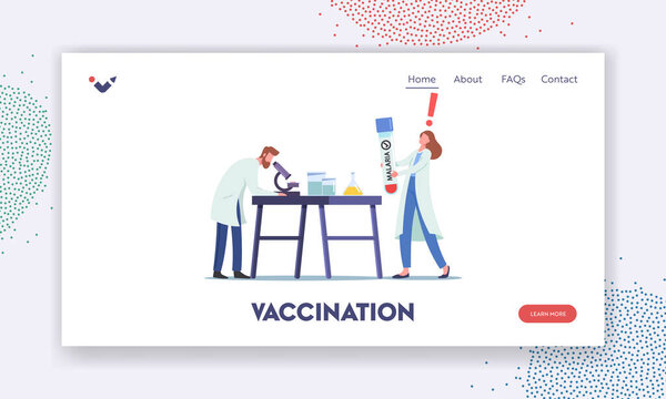 Vaccination Landing Page Template. Scientists Research in Laboratory with Blood Infected with Malaria, Man Look in Microscope