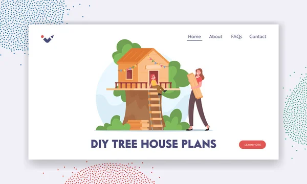 Diy Tree House Plannen Landing Page Template. Happy Mother Building Tree House voor dochter. Glimlachende vrouwelijke karakter — Stockvector